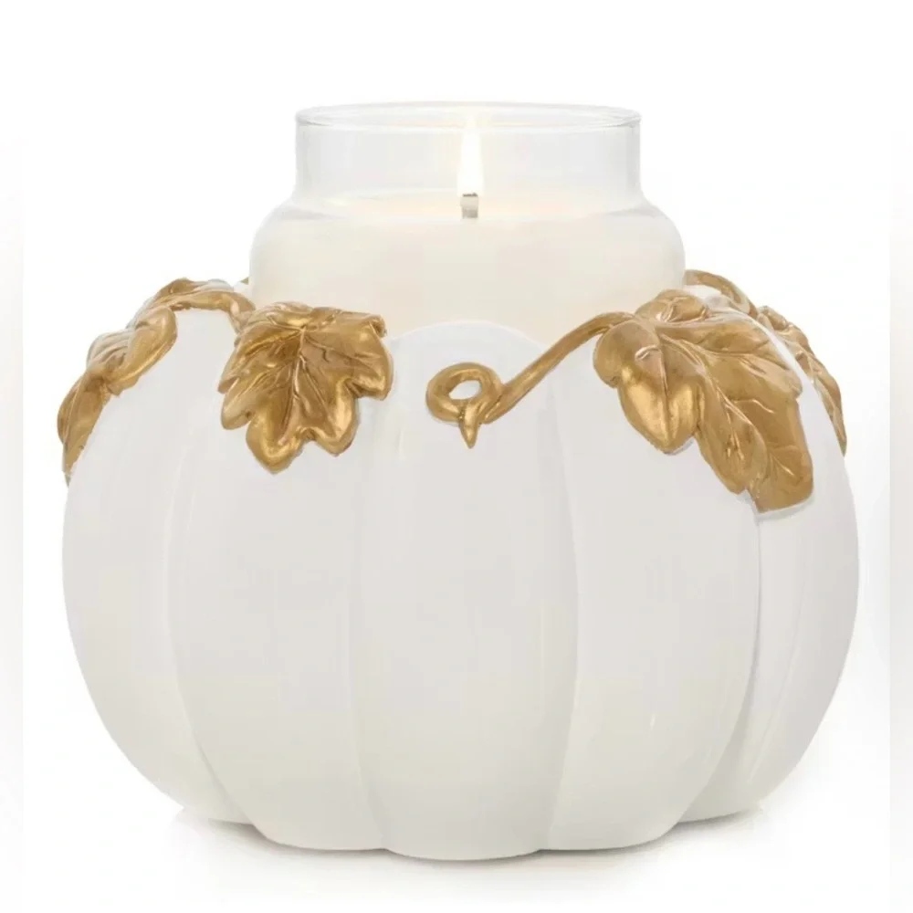 NEW Yankee Candle White Pumpkin Resin Candle Holder Gold Leaves Fall Decor